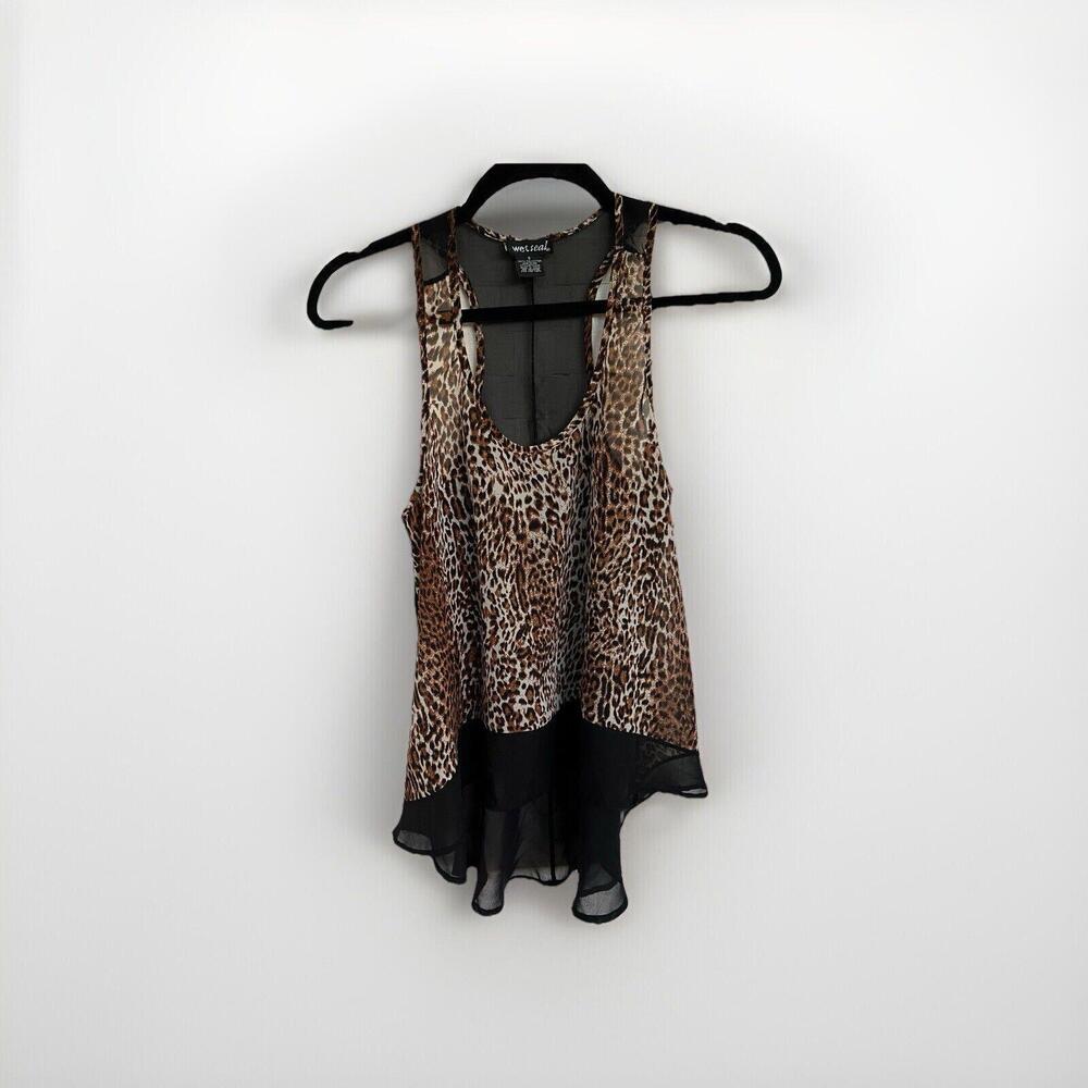 Wet Seal‎ Black & Leopard Print Tank Top Shirt Size Small S Sheer Y2K